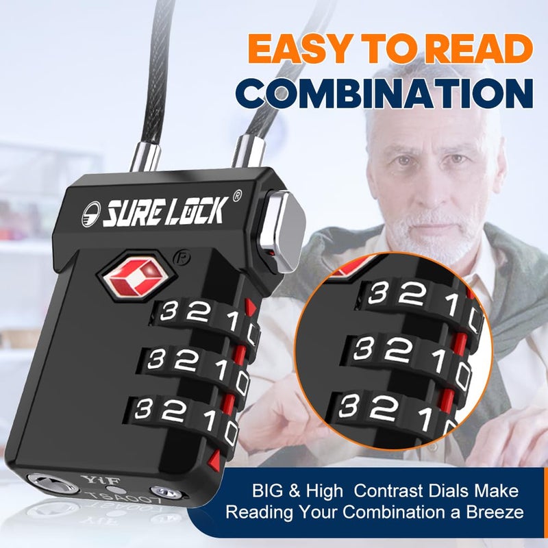 SURE LOCK TSA Approved Cable Luggage Lock â€“ TSA Locks for Luggage with Visual Inspection Indicator, Resettable 3-Digit Combination, Zinc Alloy Body for Suitcases, Backpacks, Gym Lockers(Black 2 Pack) - Image 3